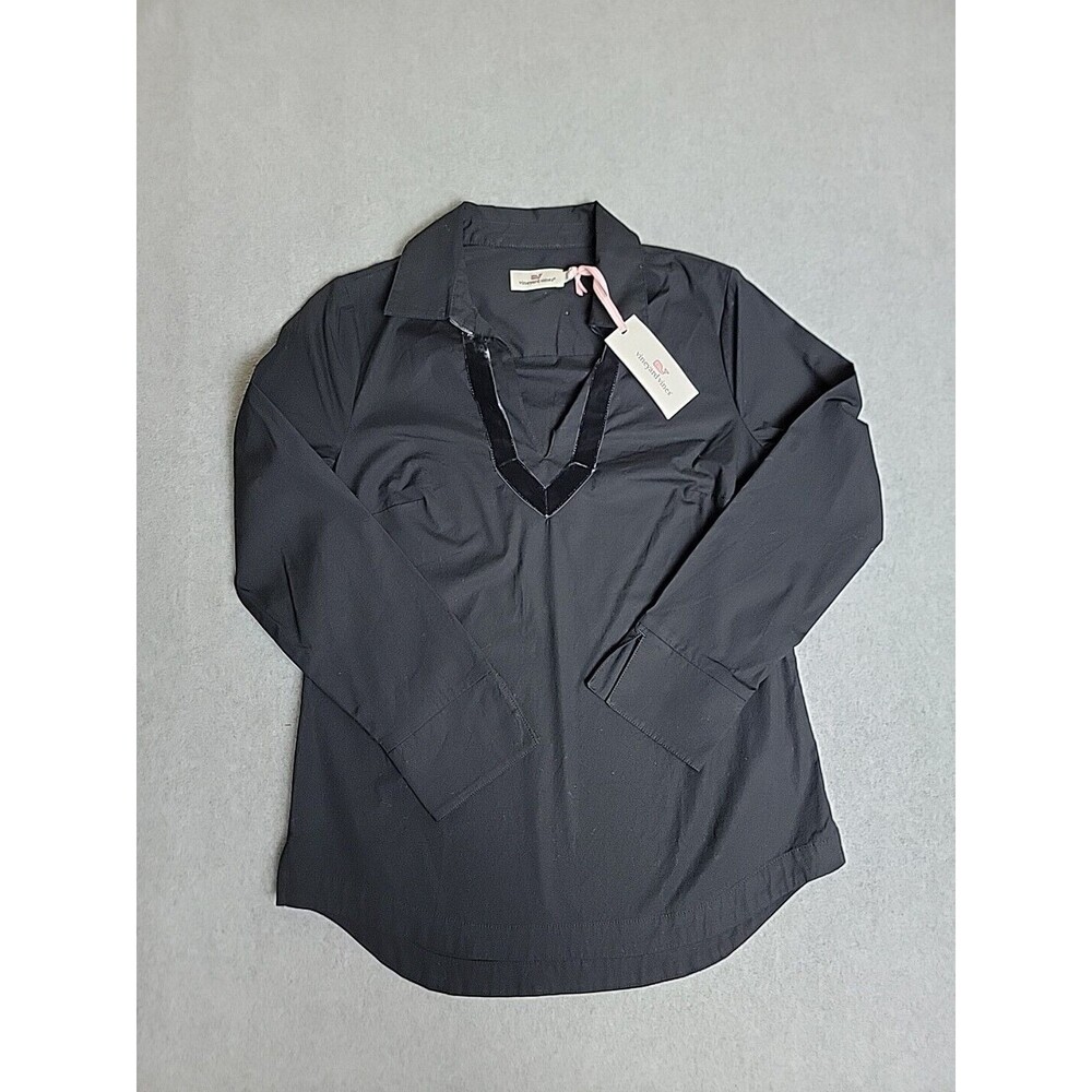 Vineyard Vines Popover Top Womens XXS Black Velvet Trim V-Neck 2W001427-0002